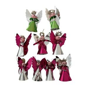 9 Foil Angels Christmas Holiday Ornaments Pink Green Silver Vintage MCM